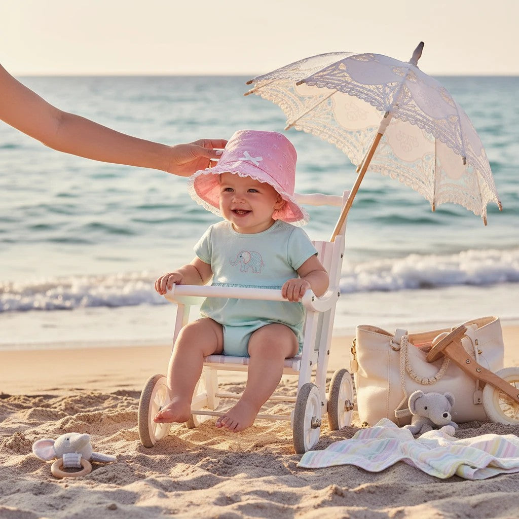 Stork And Baby pink anglaise hat with white trim on a smiling baby sitting in a stroller on the beach.