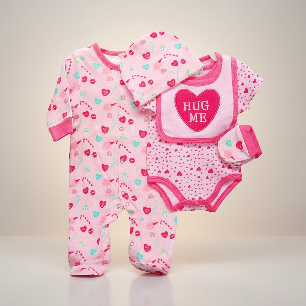 Stork And Baby pink 4-piece baby girl's outfit set with heart and candy prints, includes footie pajamas, bodysuit, bib with "Hug Me" detail, and hat.