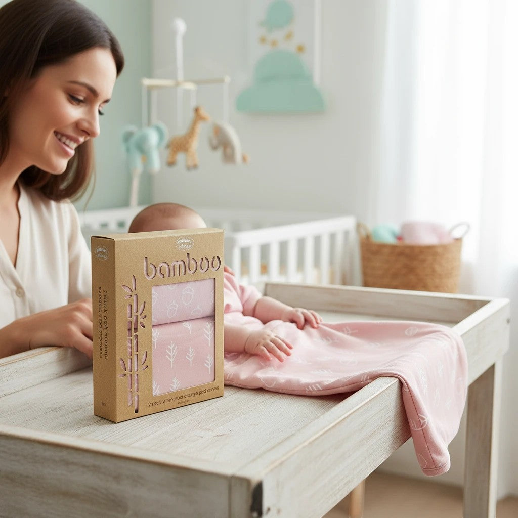 Stork And Baby Mothers Choice 2-pack pink bamboo and cotton waterproof change mat covers with acorn and leaf print.