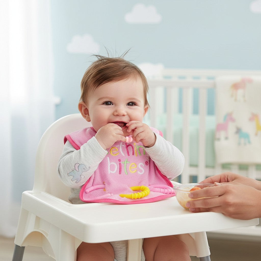 Stork And Baby pink bib with teether rings and "Teething Bites" embroidery, featuring an elephant detail on the sleeve.