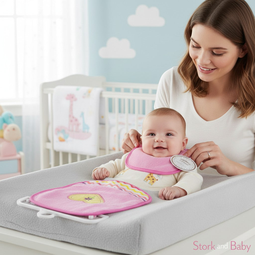 Stork and Baby pink 3-piece burp cloth set for infants, soft absorbent fabric, ideal for feeding time messes.