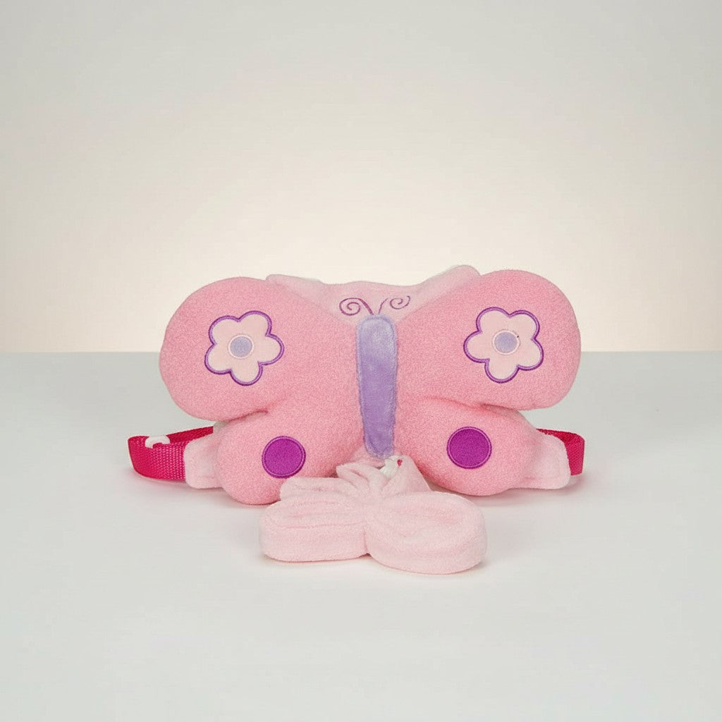Stork And Baby pink butterfly harness with purple flower details and adjustable straps
