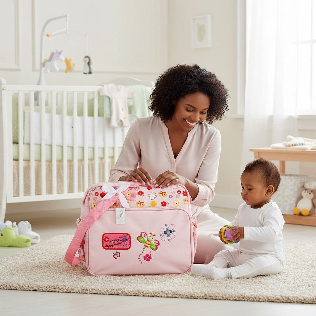 Stork And Baby Mothers Choice pink butterfly nappy bag with organized compartments and a bow.
