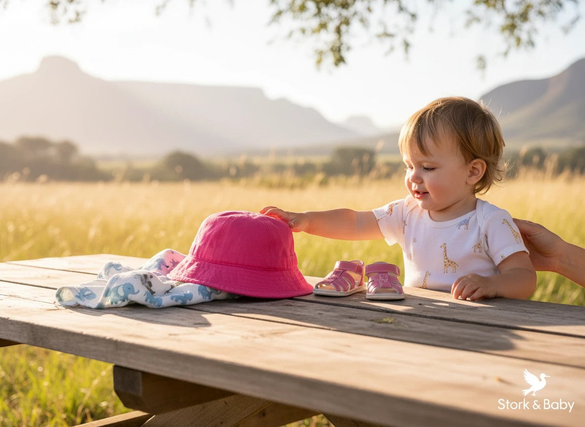 Stork And Baby pink cotton bucket hat with a white and blue elephant print swaddle and pink sandals on a wooden table with a baby reaching for the hat.