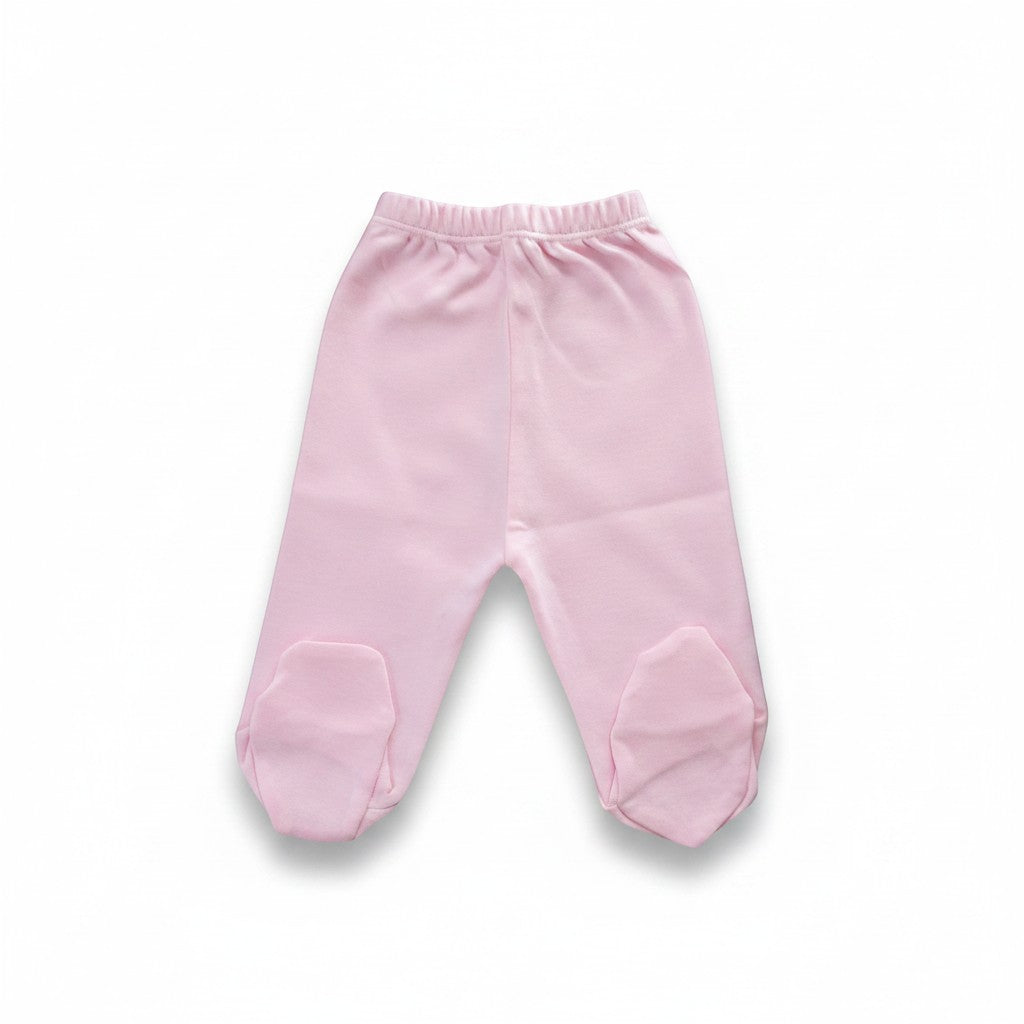 Stork And Baby pink 100% cotton footed baby leggings with elastic waistband.