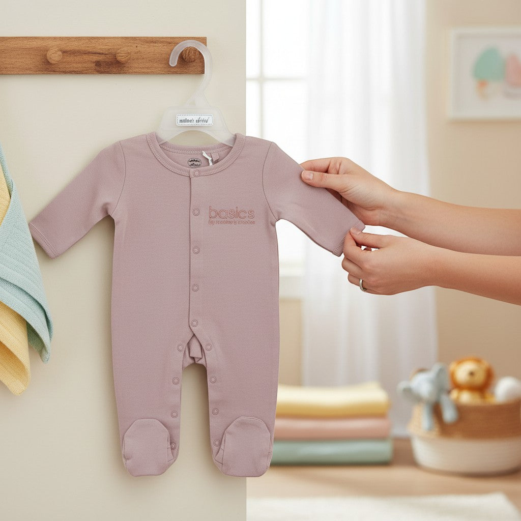 Stork And Baby pink 100% cotton interlock baby grow with snap closures and footies. Soft and breathable for everyday wear.