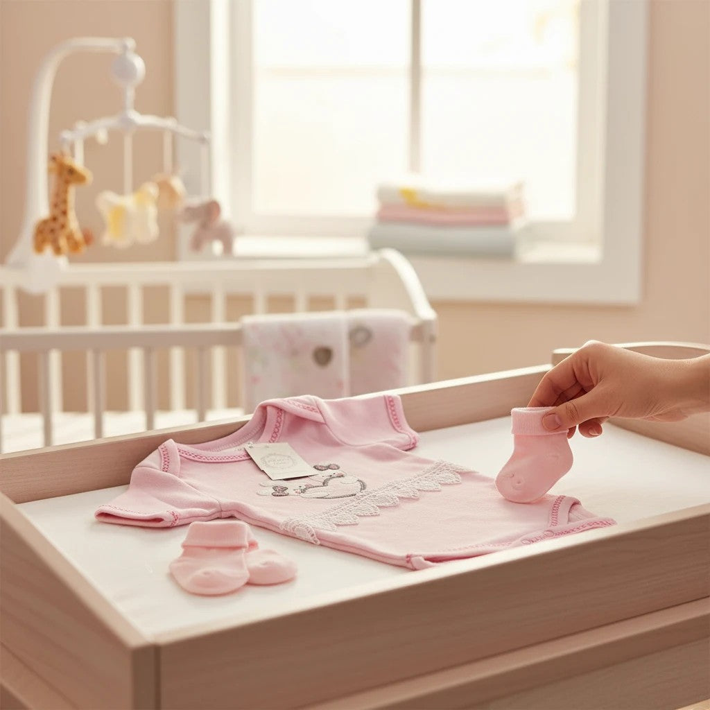 Stork And Baby pink 100% combed cotton baby girl's romper with bunny and heart embroidery and lace trim.