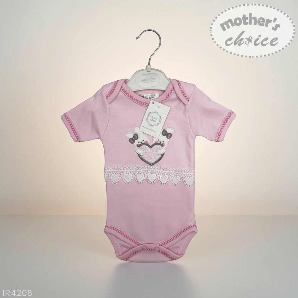Stork And Baby pink 100% combed cotton baby girl's romper with bunny and heart embroidery and lace trim.
