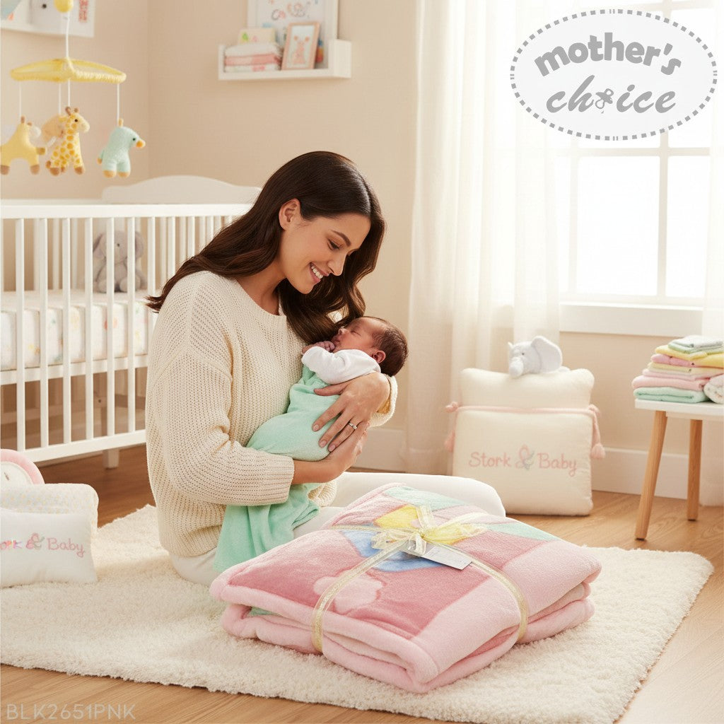 Stork And Baby pink cutwork blanket with pastel squares and yellow ribbon, held by a mother with her newborn baby.