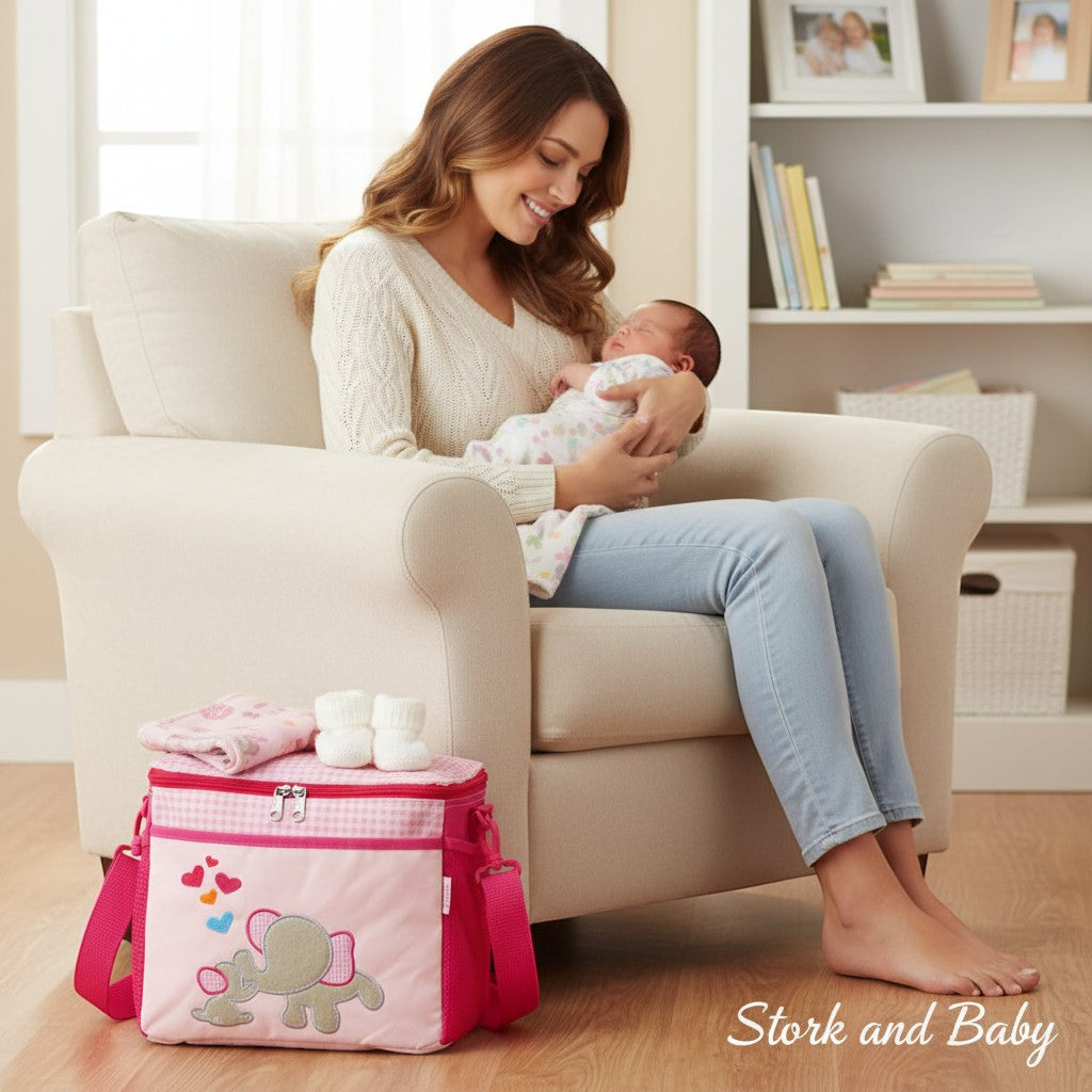 Stork and Baby Mothers Choice Small Pink Diaper Bag Elephant with pink and grey elephant applique and heart details.