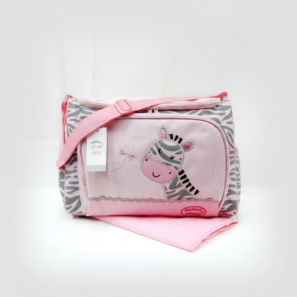 Stork And Baby pink diaper bag with zebra and butterfly embroidery, grey zebra print sides, and pink strap.