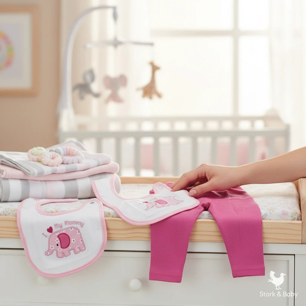 Stork And Baby 5-piece pink elephant baby gift set with bodysuit, pants, socks, bib, and cap. Soft cotton.