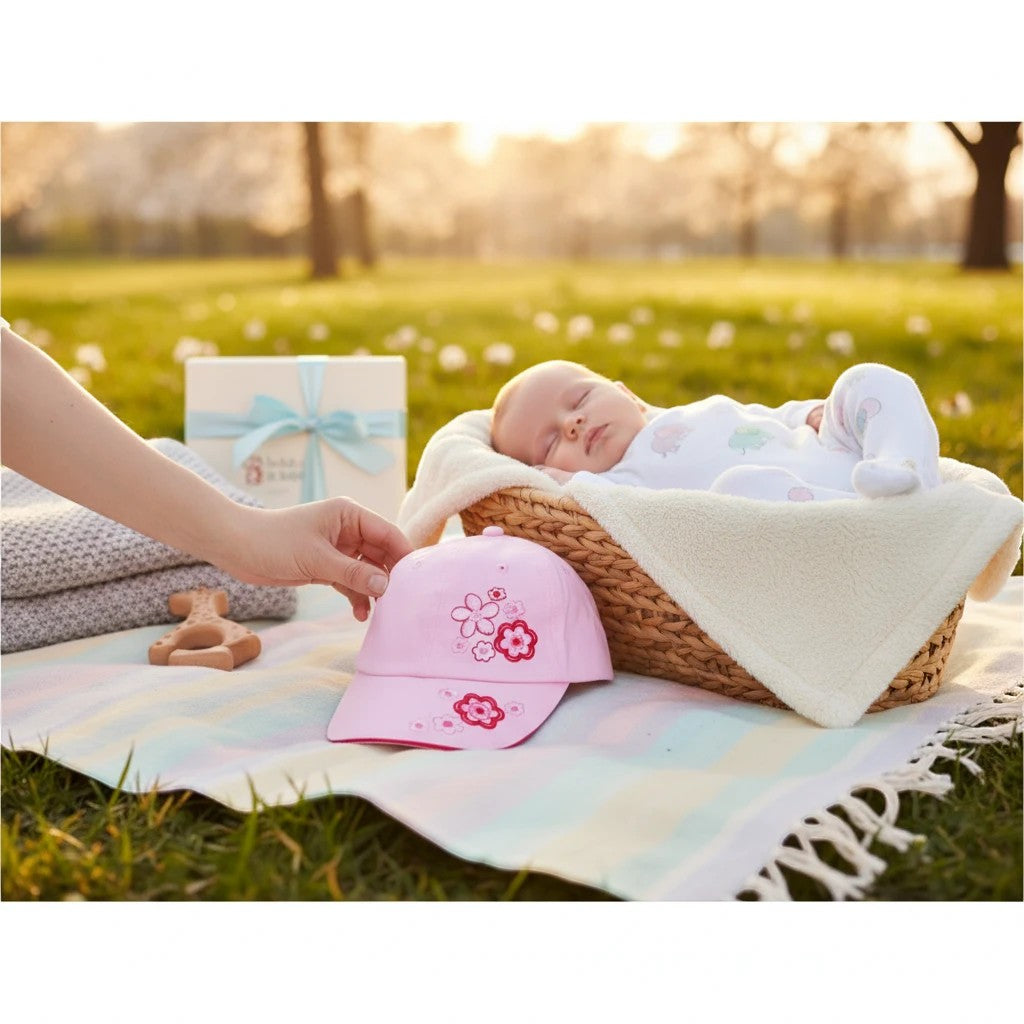 Stork And Baby pink embroidered flower baseball cap for girls, soft and comfortable fit.