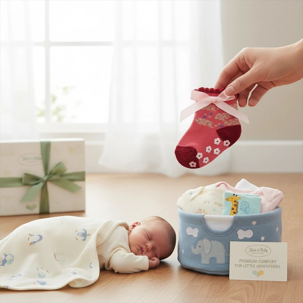 Stork And Baby pink floral baby socks with non-slip grip and pink ribbon detail