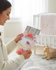 Stork And Baby pink floral bib, headband, and sock set for baby girls. Soft cotton blend.
