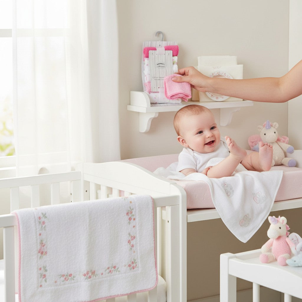 Stork And Baby 6 pack baby washcloths in pink floral pattern, soft and absorbent cotton for gentle cleaning.