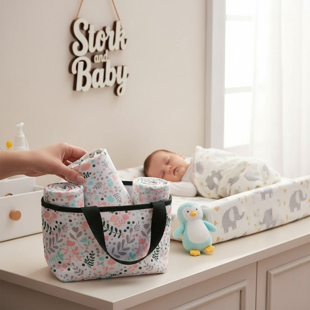 Stork And Baby insulated bottle warmer bag with pink flowers design, perfect for travel and outings.