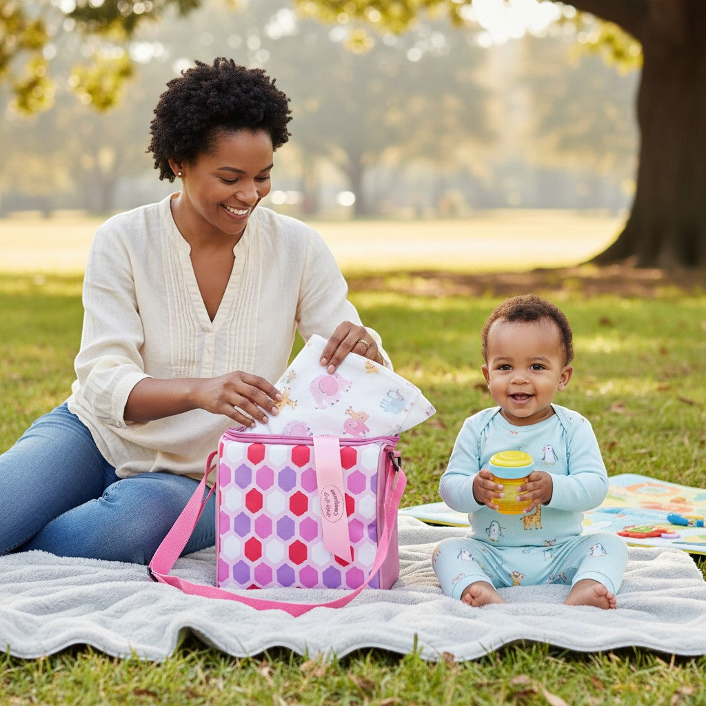 Stork And Baby insulated bottle warmer bag in pink geo pattern, with a woman and baby on a picnic blanket.