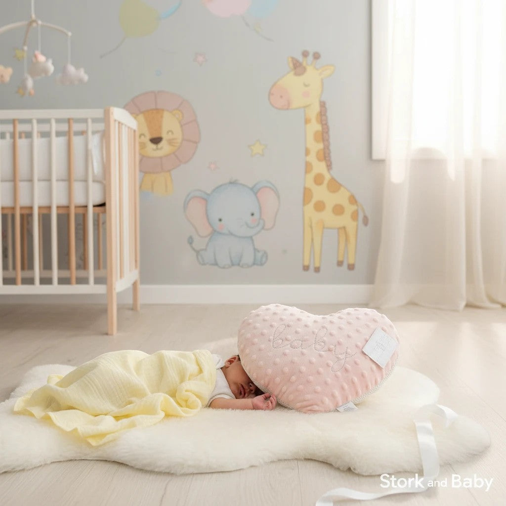 Stork And Baby pink heart-shaped baby pillow with "baby" embroidered, next to a sleeping infant on a yellow blanket.