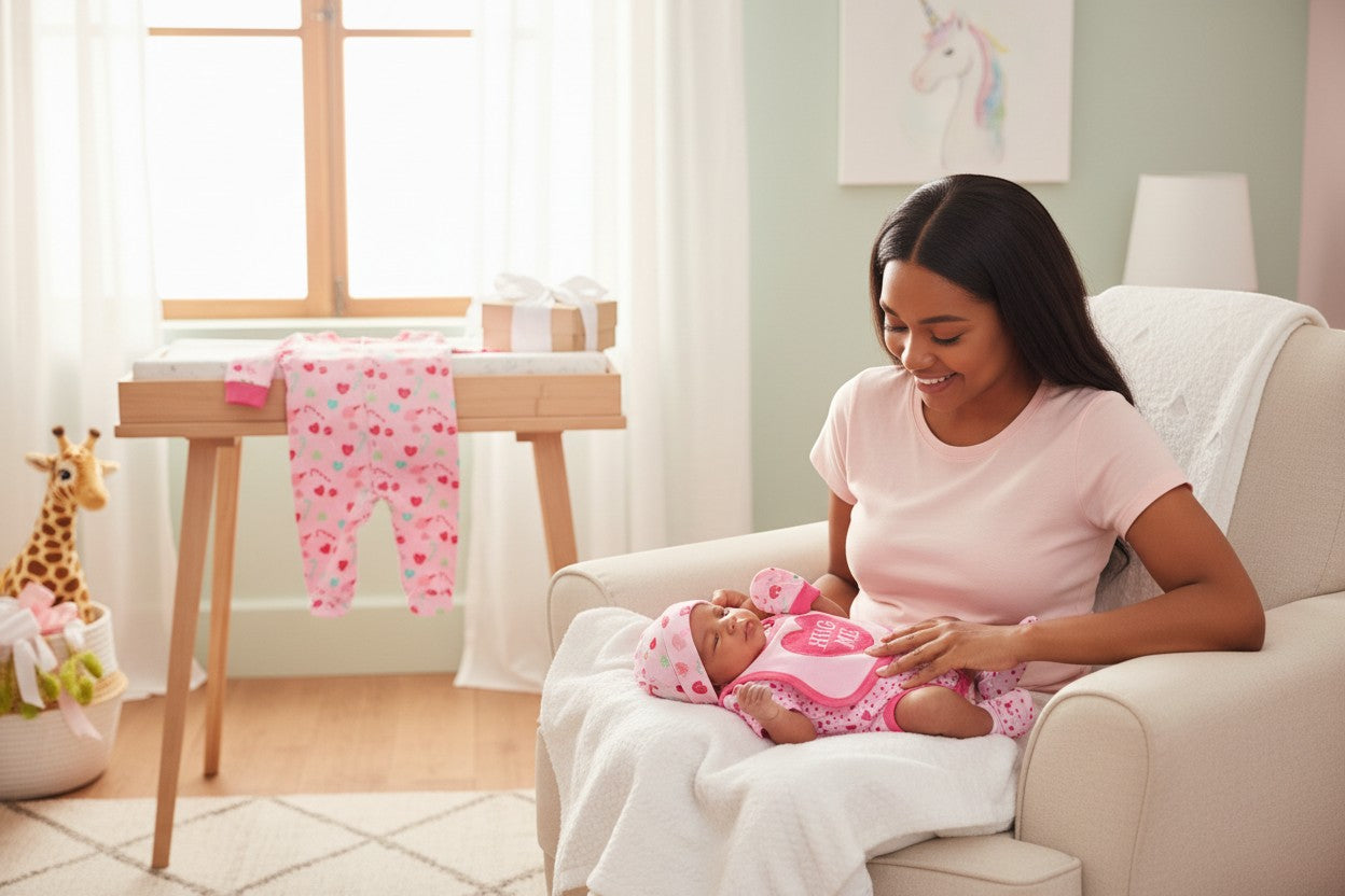 Stork And Baby pink 4-piece baby girl's outfit set with heart and candy cane print, includes footie pajama, bodysuit, bib, and hat.