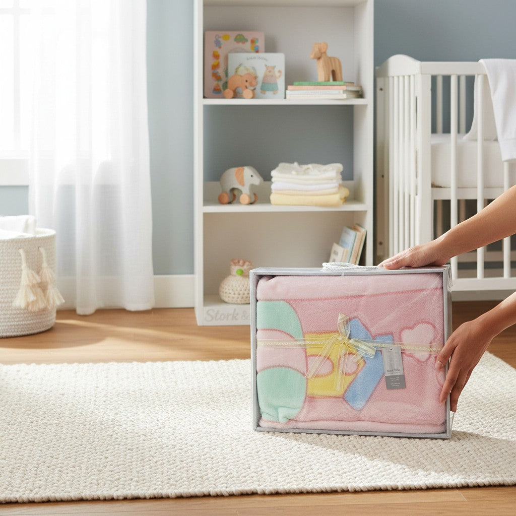 Stork And Baby pink infant cutwork blanket with yellow and blue accents, tied with a yellow ribbon.