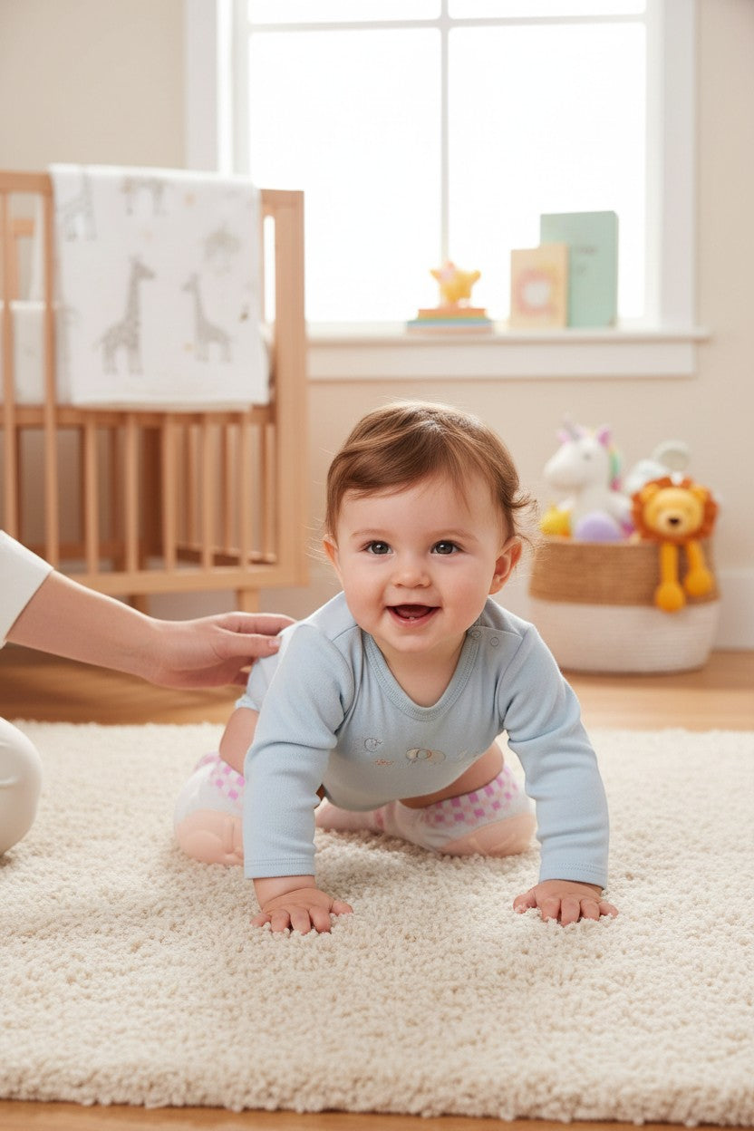 Stork And Baby Mothers Choice Inf Pink Kneeguards protect baby's knees while crawling. Pink with white pattern.