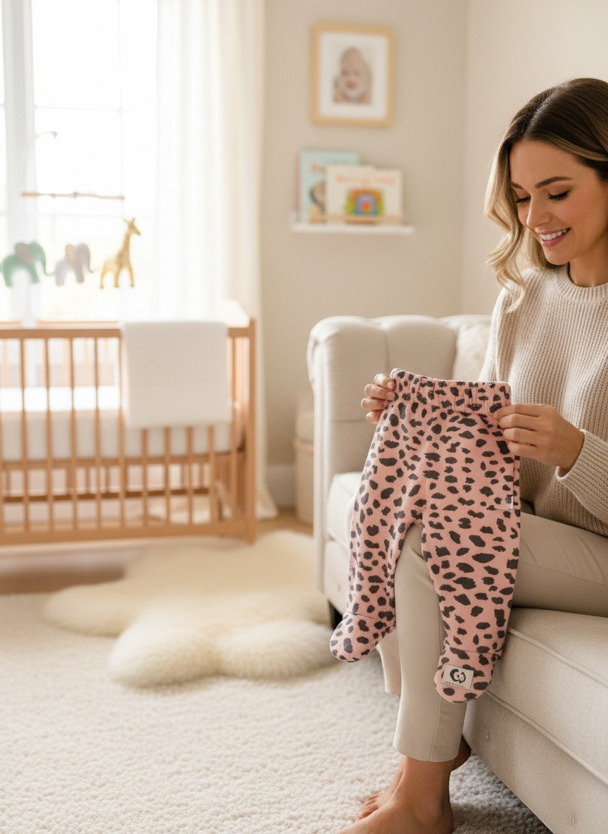 Stork And Baby pink leopard print 100% cotton footed baby leggings with a comfortable elastic waistband.
