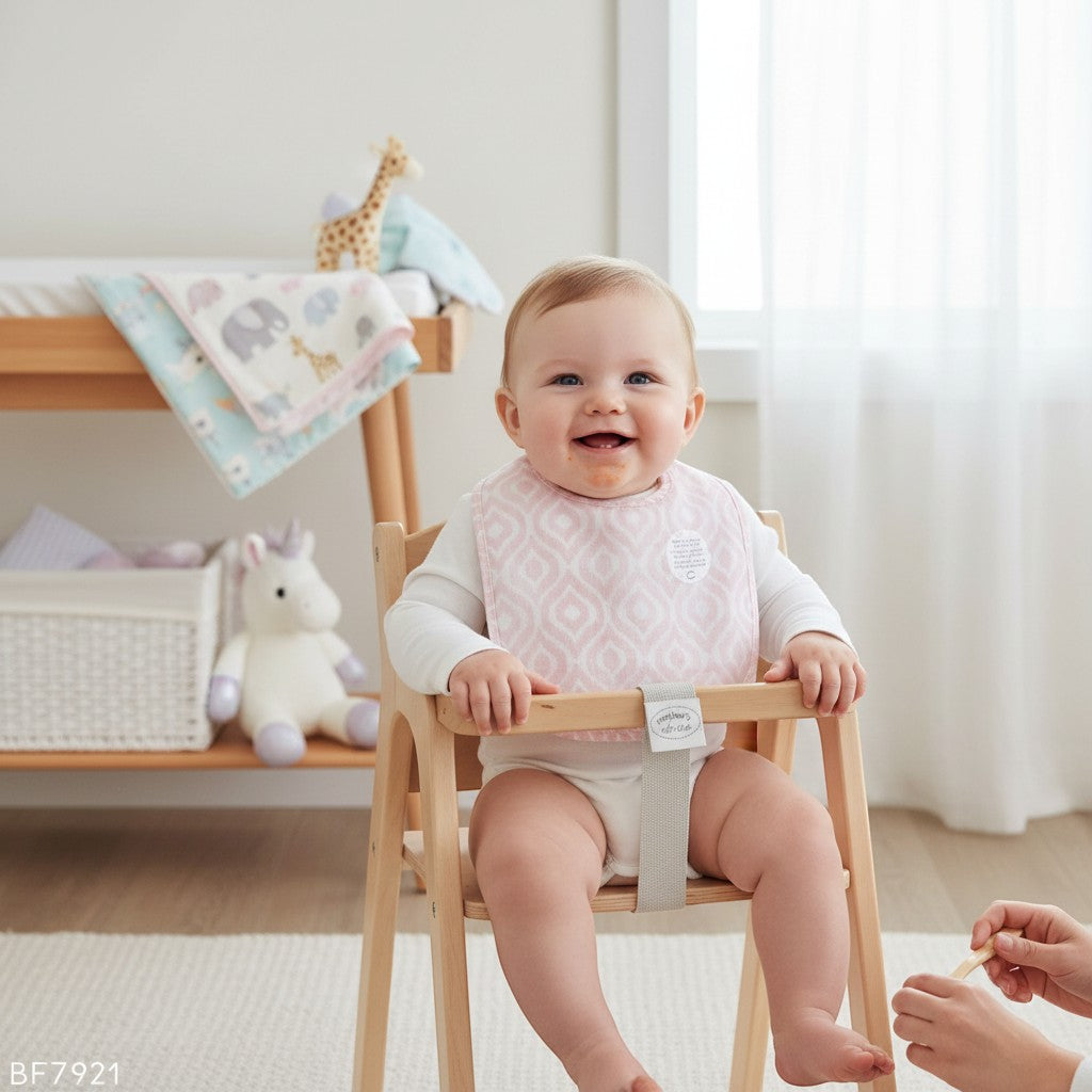 Stork And Baby pink patterned muslin bib on a smiling baby sitting in a high chair. Soft, breathable fabric for feeding.