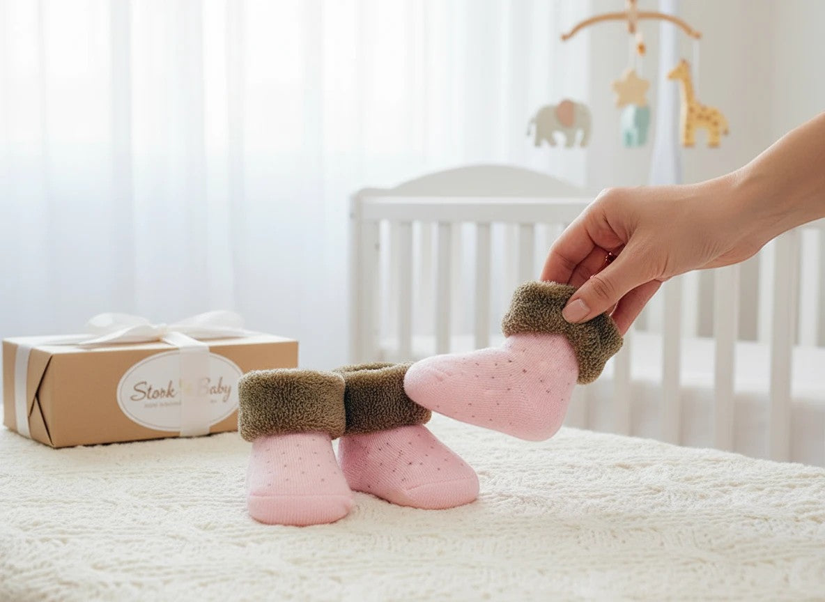 Stork And Baby pink polka dot baby socks with brown fuzzy cuffs, presented in a gift box.