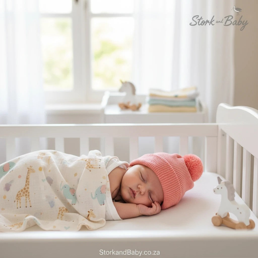 Stork and Baby pink knitted pom pom beanie on a sleeping baby in a crib