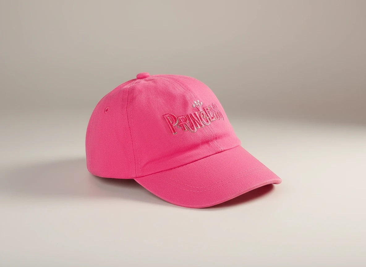 Stork And Baby bright pink cotton cap with embroidered "Princess" text and crown detail. Comfortable fit for girls.