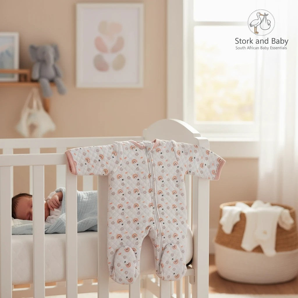 Mothers Choice Quilted Grower 'Pink Rainbow' baby sleepsuit with rainbow pattern, pink trim, and footies. Cozy and soft.