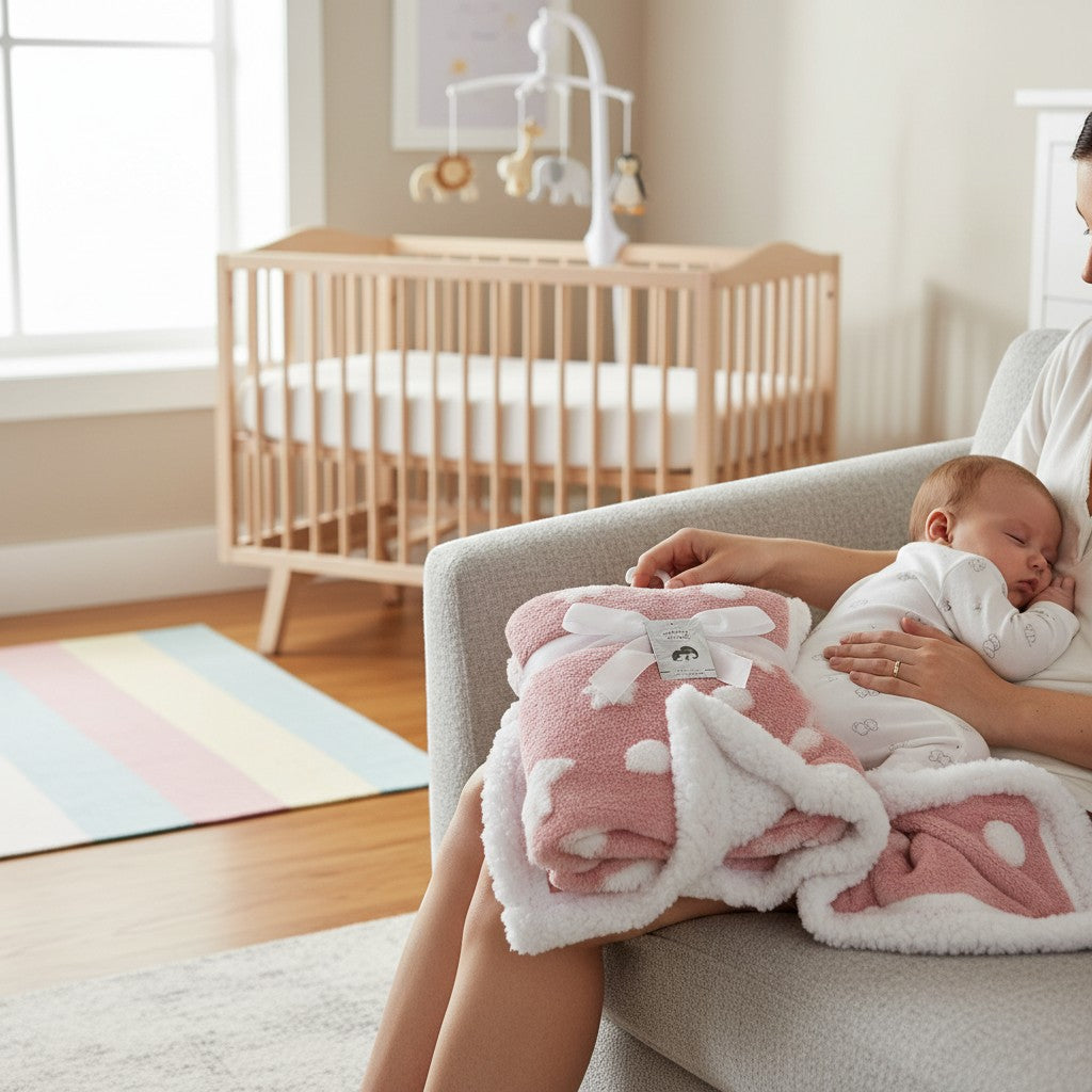 Stork And Baby pink sherpa fleece baby blanket with white stars, 75x100cm.