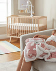 Stork And Baby pink sherpa fleece baby blanket with white stars, 75x100cm.
