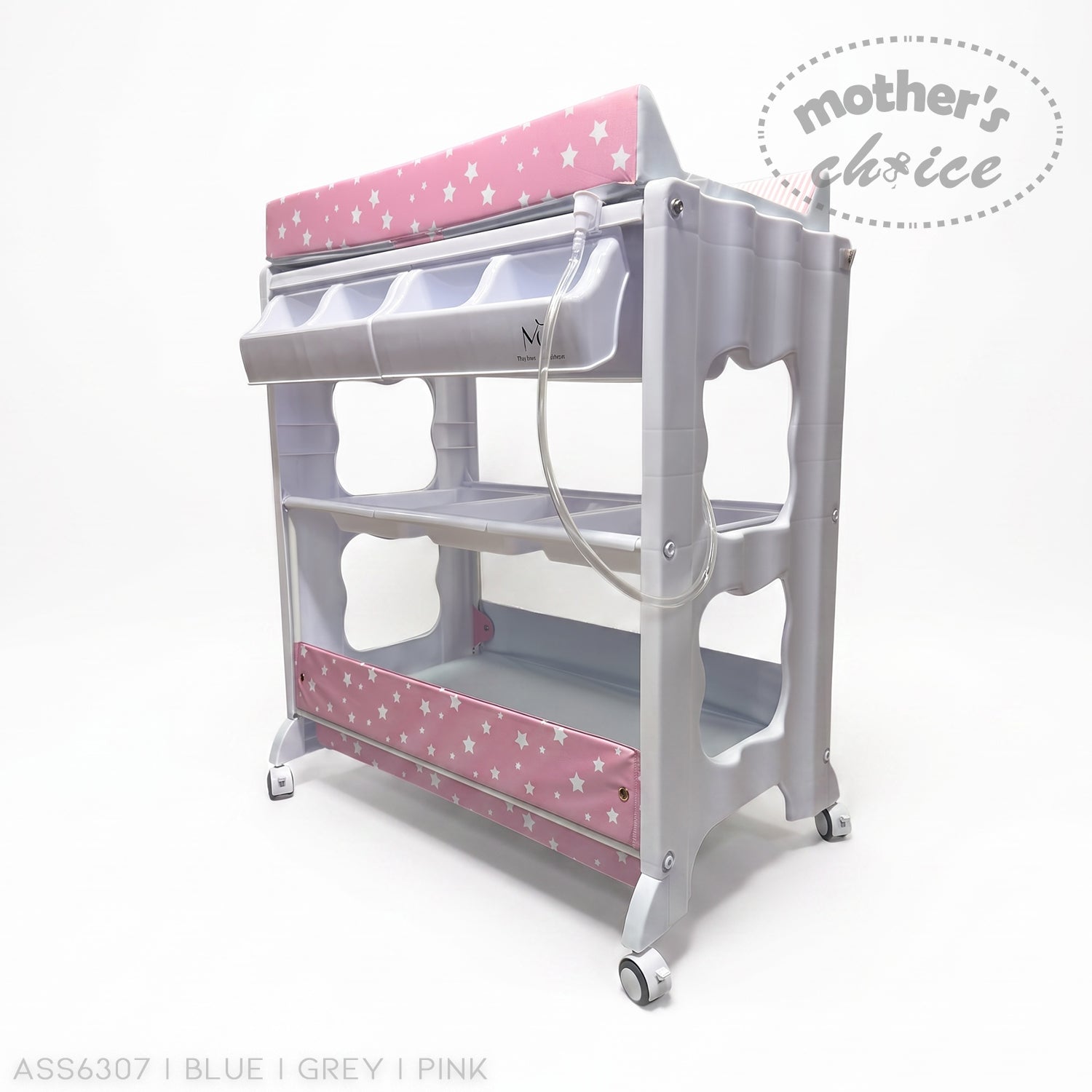 Stork And Baby pink and white baby bath caddy with star pattern, storage shelves, and wheels on a white background.