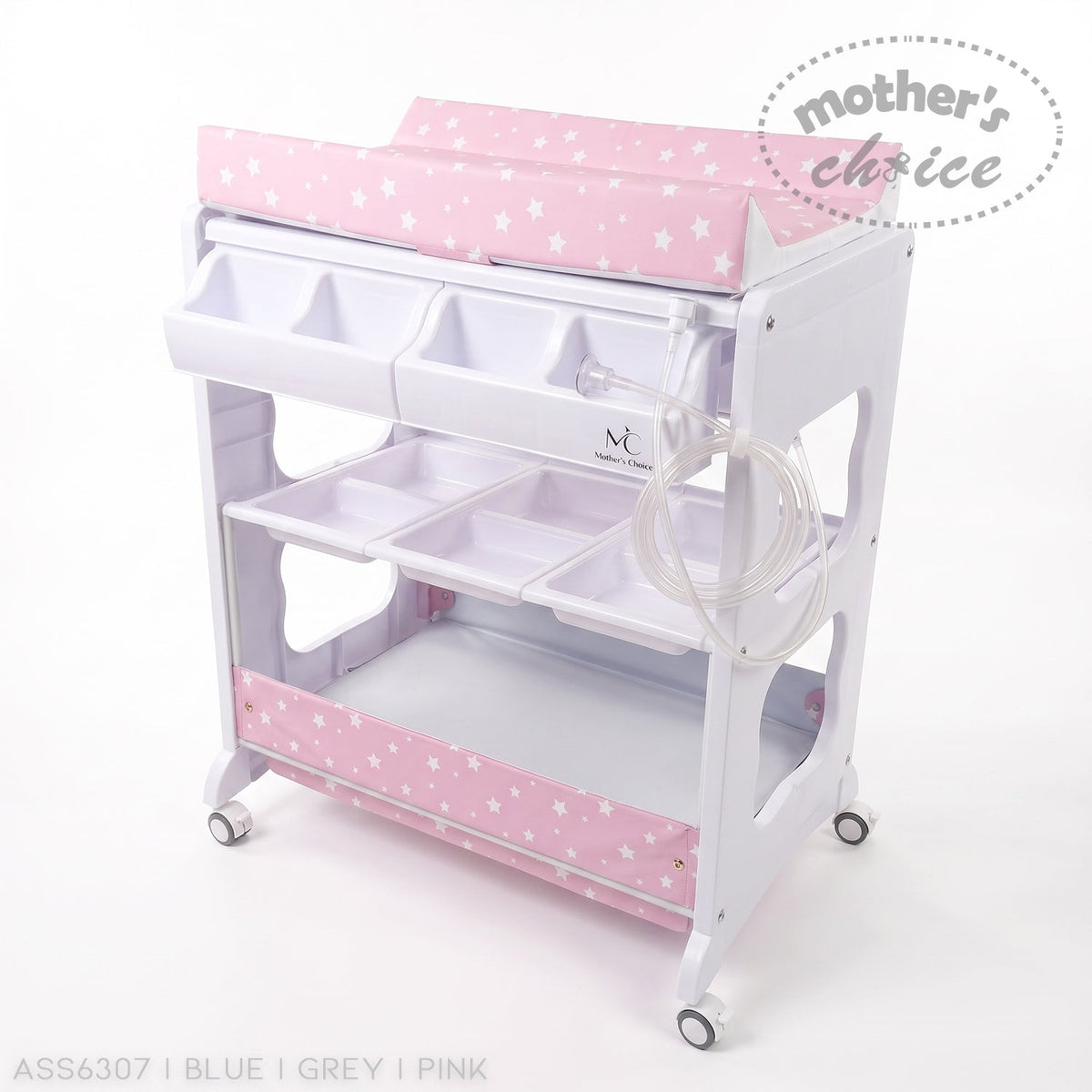 Stork And Baby pink baby bath caddy with white star pattern, storage compartments, and integrated drainage hose.