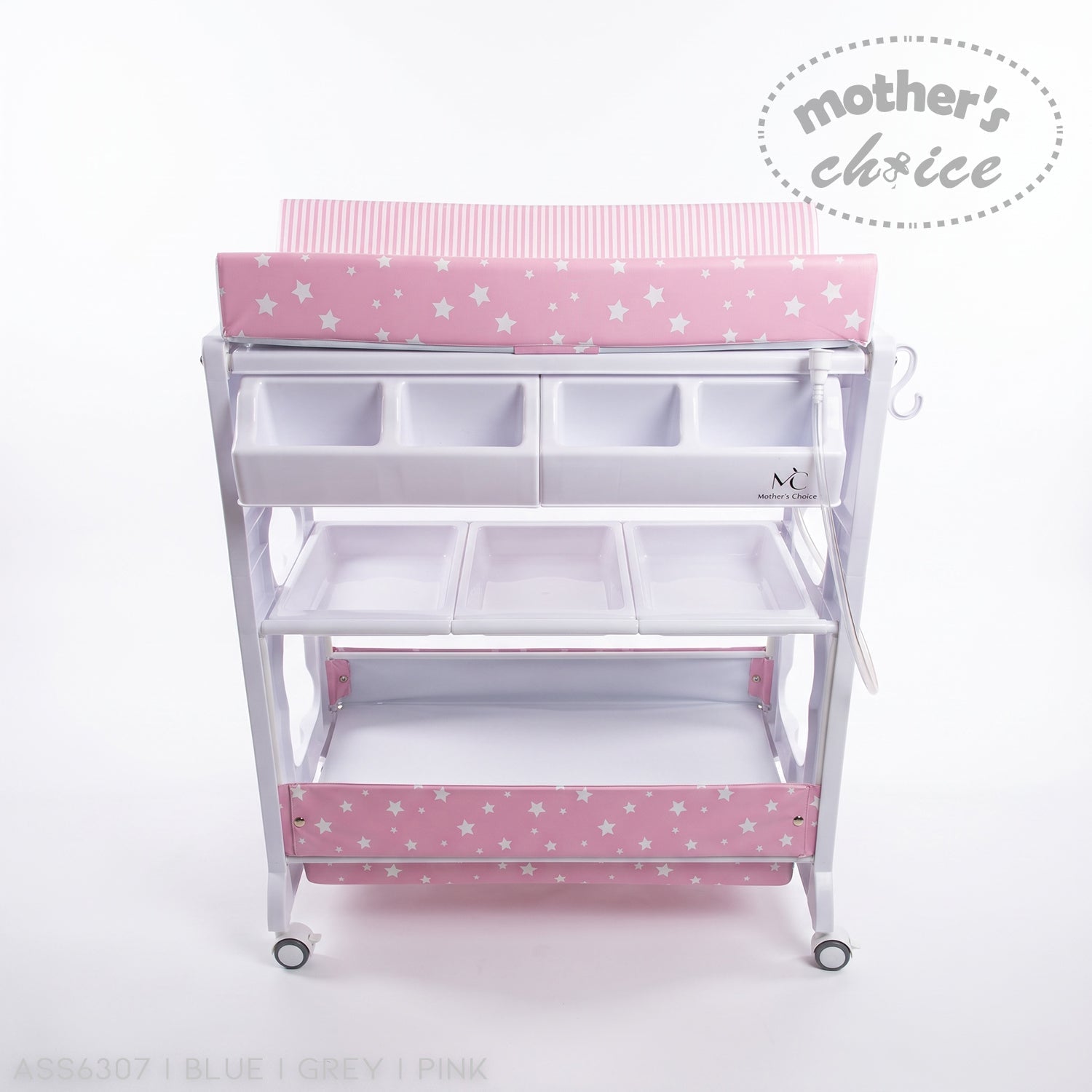Stork And Baby pink baby bath caddy with star pattern, storage shelves, and changing mat on a white background