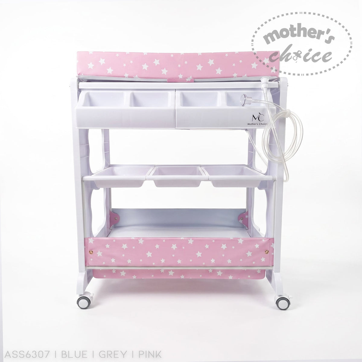Stork And Baby pink baby bath caddy with white star pattern, storage compartments, and drainage tube on wheels