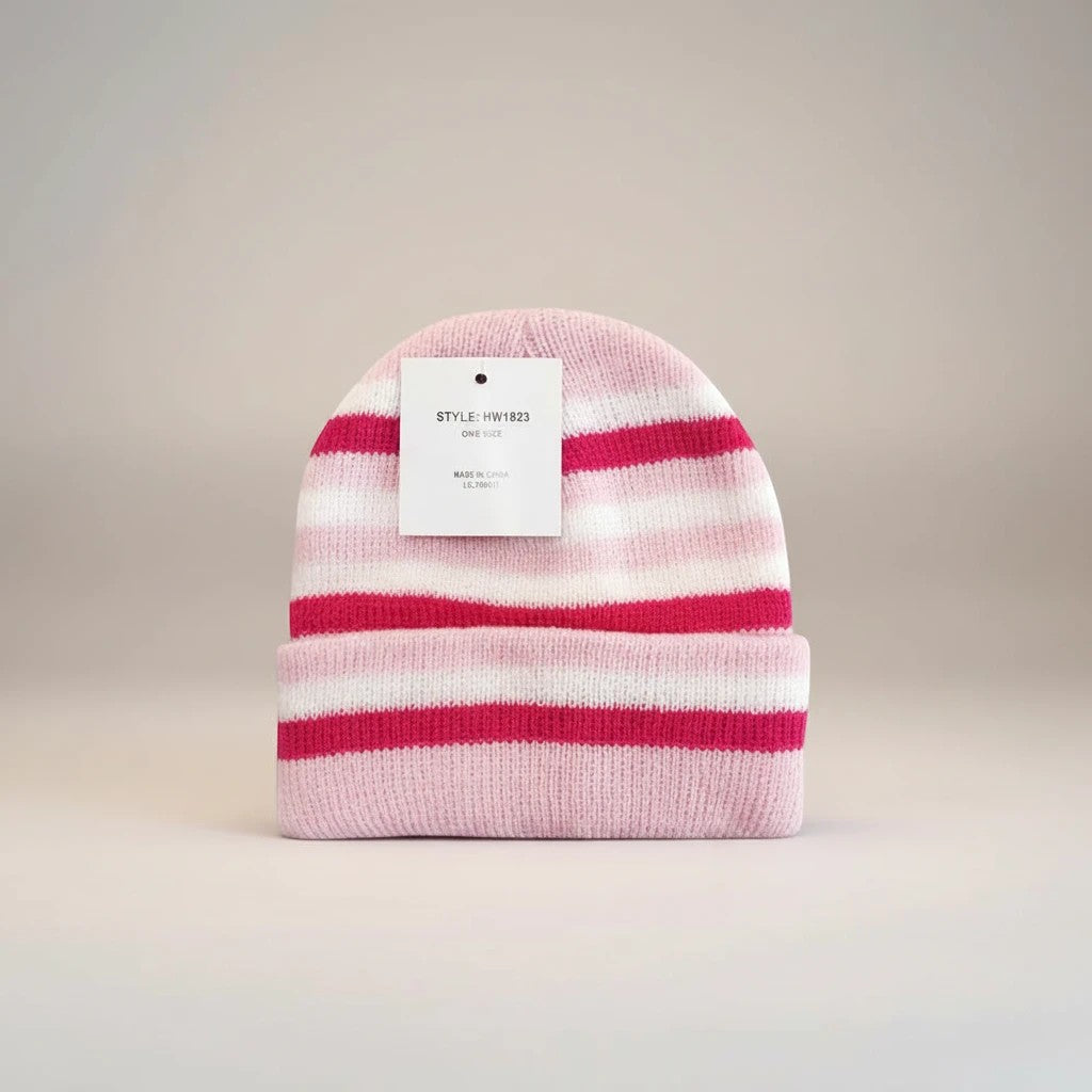 Stork And Baby pink and white striped knit infants winter hat with a folded brim.