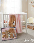 Stork And Baby pink cutwork baby blanket with teddy bear print, perfect for a girl.