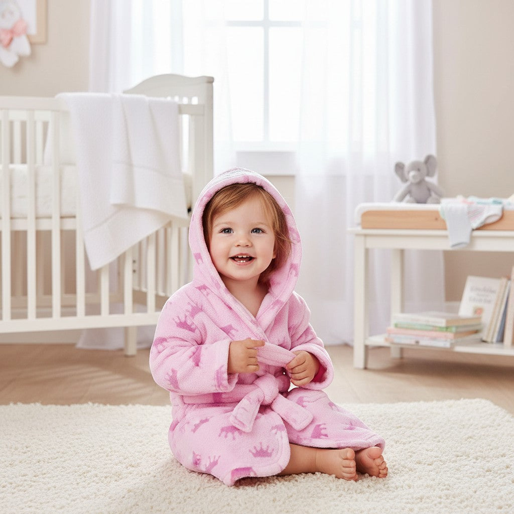 Stork And Baby pink 100% polyester baby bathrobe with tiara print and hood. A smiling toddler sits on a rug.