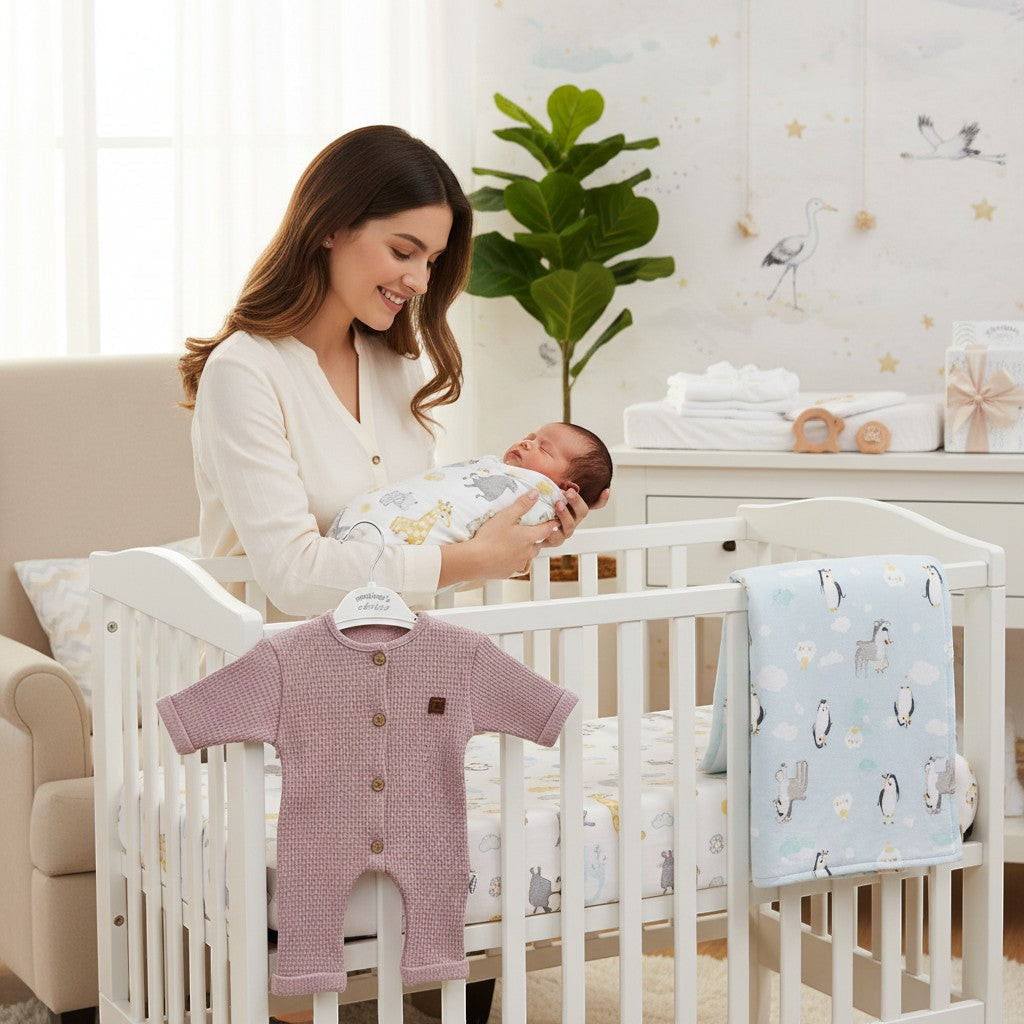 Stork And Baby pink waffle knit long sleeve romper with wooden buttons, perfect for newborns.