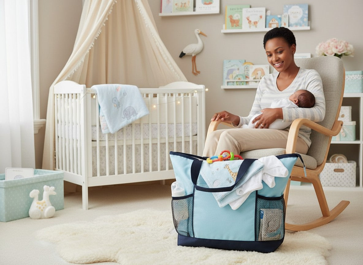 Stork And Baby blue plain diaper bag with organized compartments and mesh pockets, perfect for baby essentials.