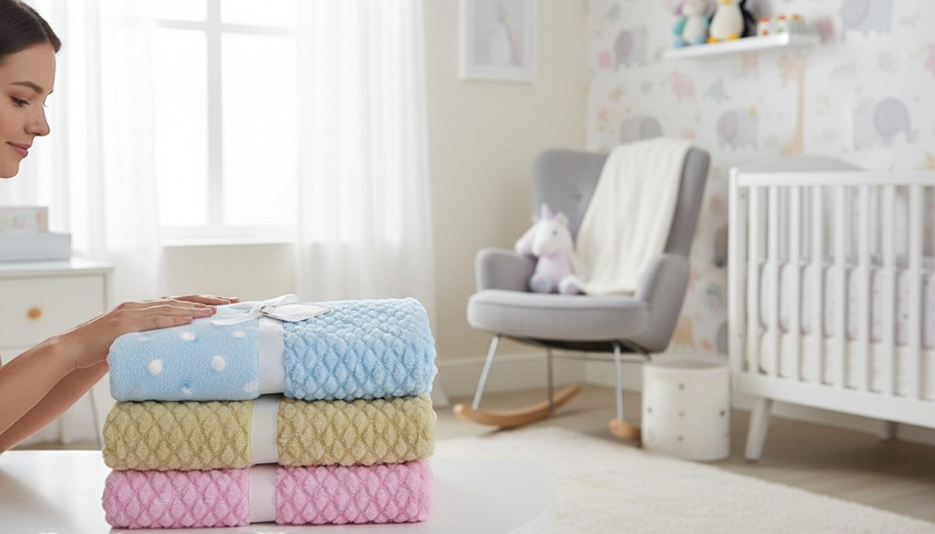 Stork And Baby plush and cozy nursery blankets in blue with white polka dots, green, and pink.
