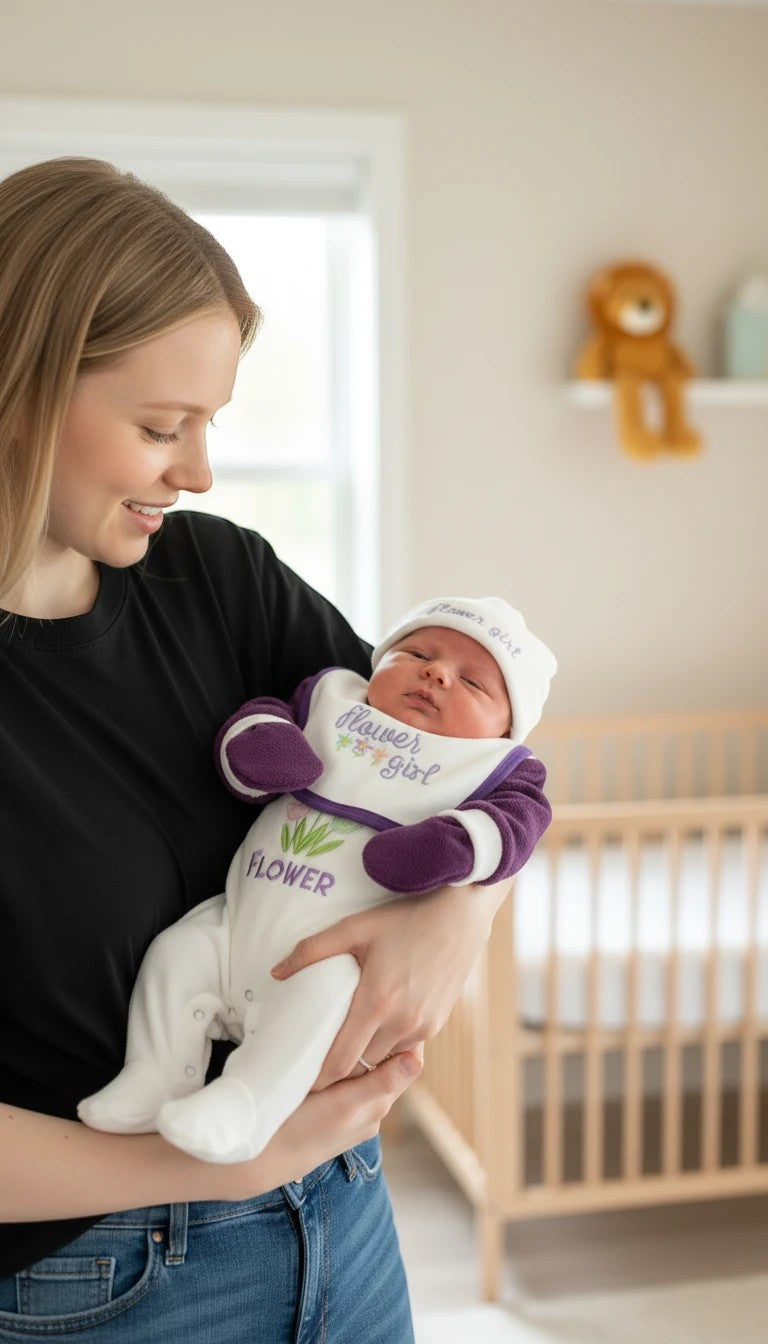 Stork And Baby white polar fleece 5-piece grower set with purple trim, featuring floral embroidery and matching hat and mittens for baby girls.