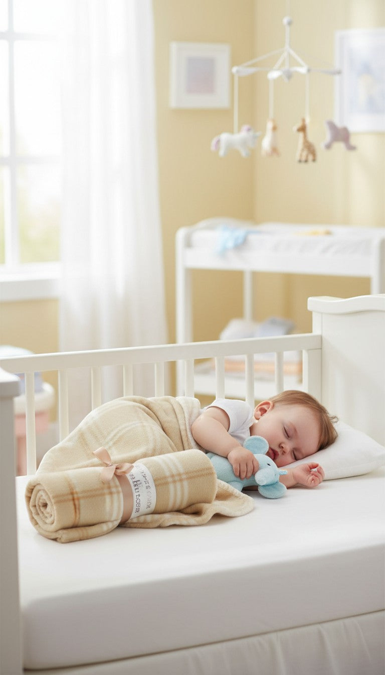 Stork And Baby beige plaid polar fleece receiver blanket rolled and tied with a ribbon, covering a sleeping baby in a crib.