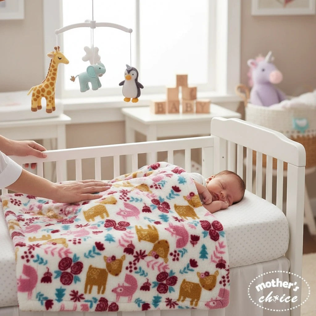 Stork And Baby white polyester receiver blanket with deer, flowers, and trees in pink, gold, and teal.