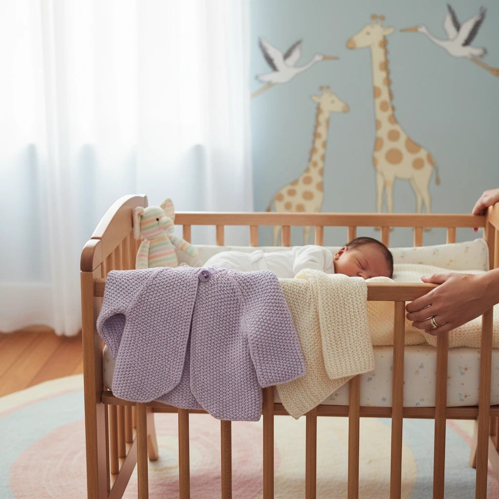Stork And Baby purple knit cardigan with a single button closure, draped over a crib next to a sleeping infant.