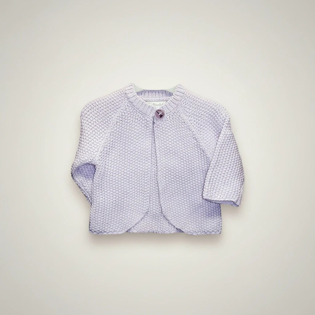 Stork And Baby purple knit infant cardigan with a single button closure and 3/4 sleeves.