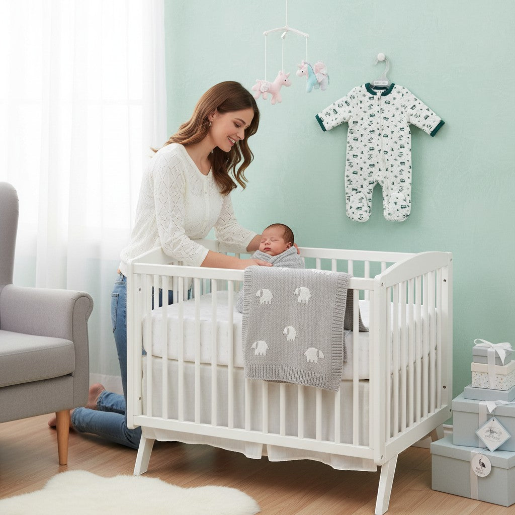 Stork And Baby white quilted grower with green trim and a green 'Emerald Surfer' print, 100% cotton, for baby boys.